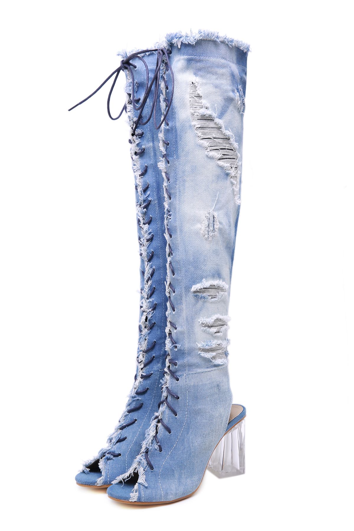 denim thigh high boots chunky heel