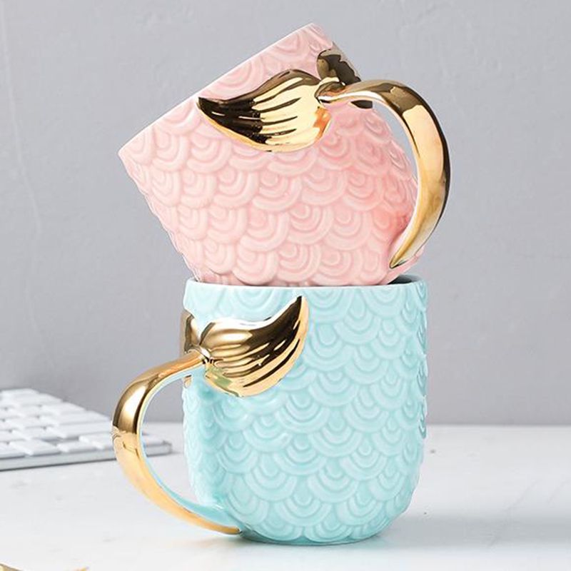 Golden Mermaid Tail Ceramic Mug with Handle Creative Coffee Milk Fishtail Cup 