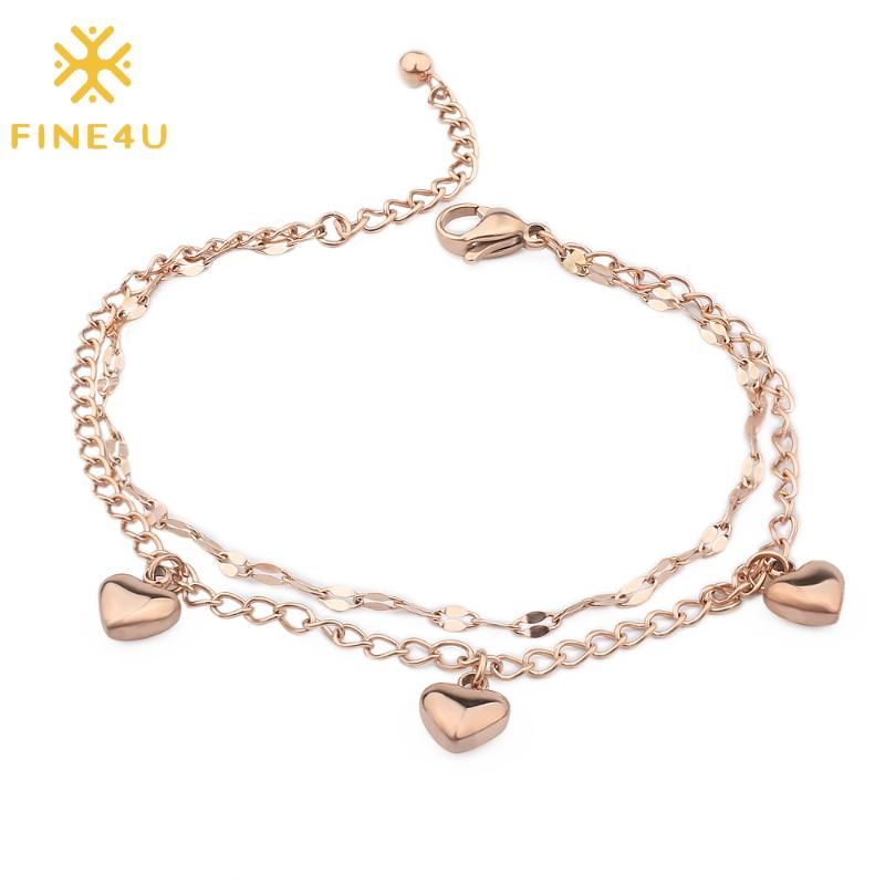 Stainless Steel Love Chain Silver//rose Gold Double Layer Bracelet W Heart Charms