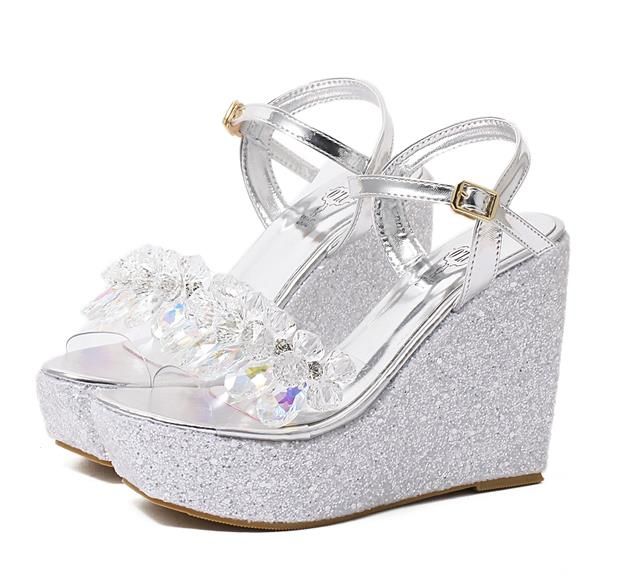 Sexy Cross Strappy Blue White Wedding Shoes Platform Wedge Sandals