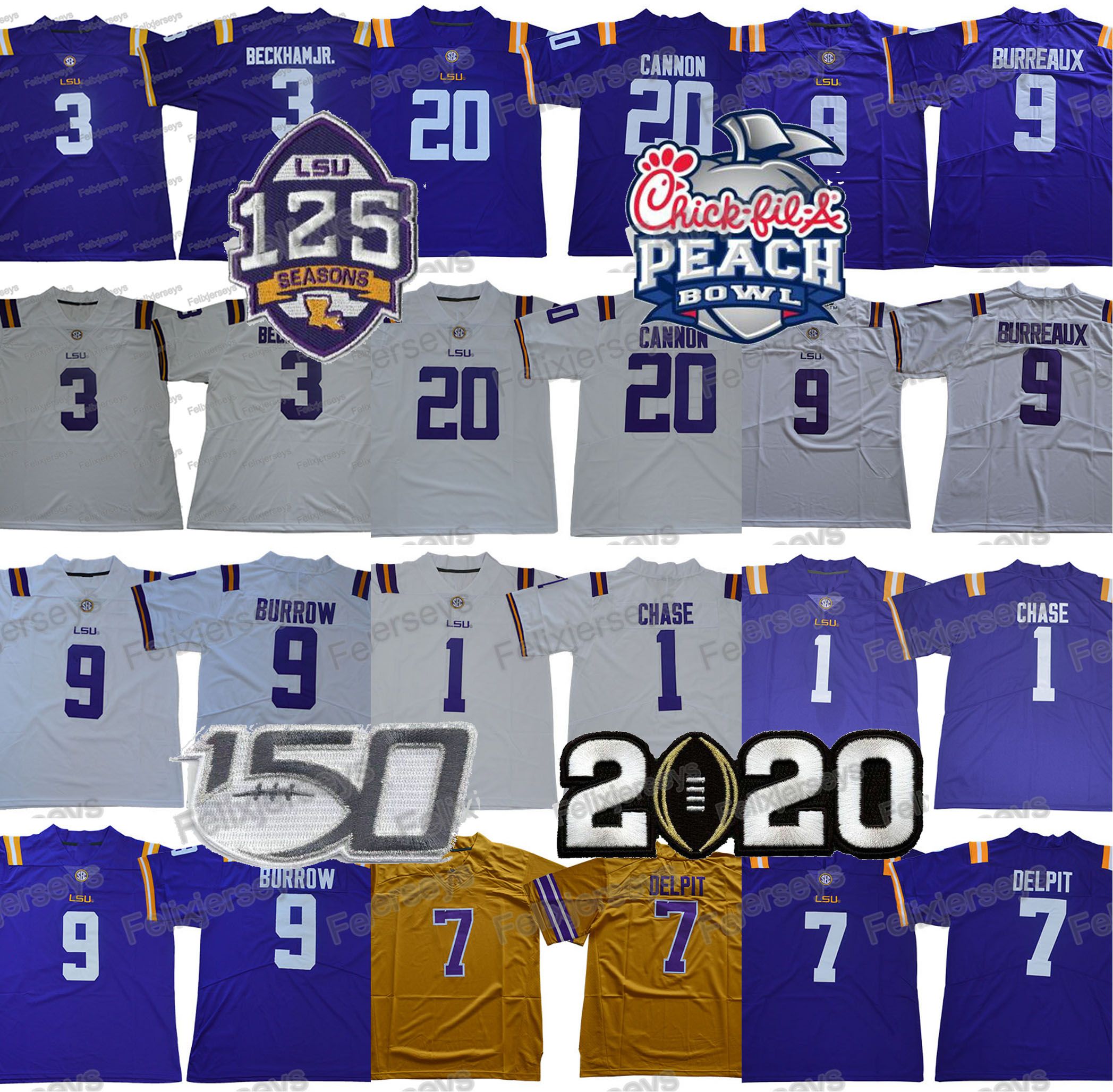2021 NCAA LSU Tigers 9 Burreaux Jersey Odell Beckham Jr. Grant Delpit