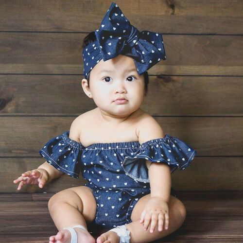 Summer Newborn Kids Baby Girl Denim Romper Ruffle Jumpsuit Headband Outfits Set