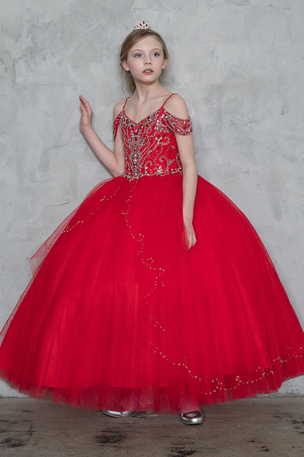 Luxury Beading Flower Kid Pageant For Weeding Party Ball Gown Shoulderless Dress