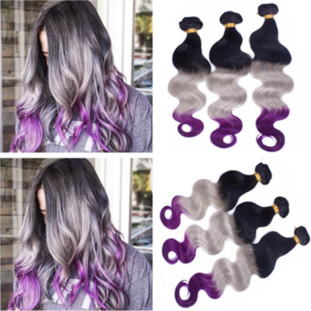Body Wave 1b Grey Purple Ombre Human Hair Weave Bundles Dark Roots
