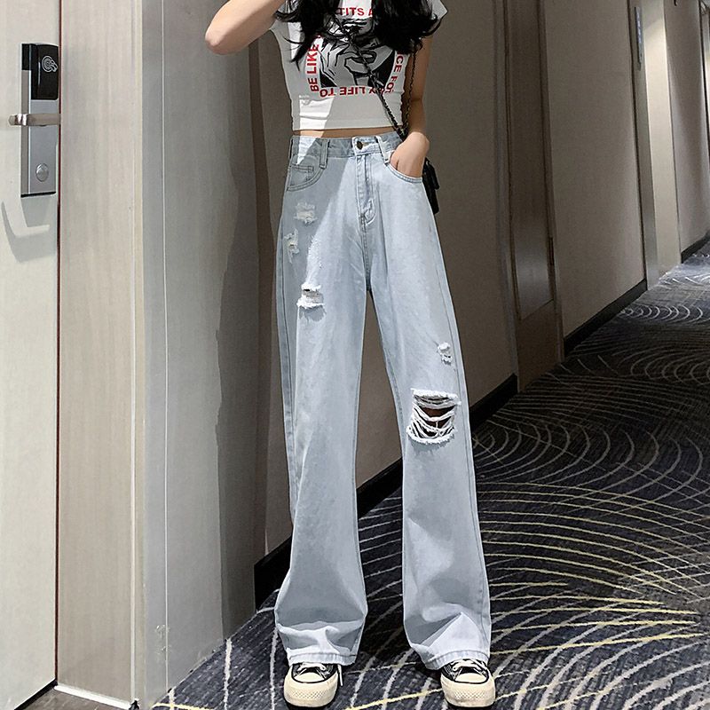 Korean Style Ripped Straight Leg Jeans 