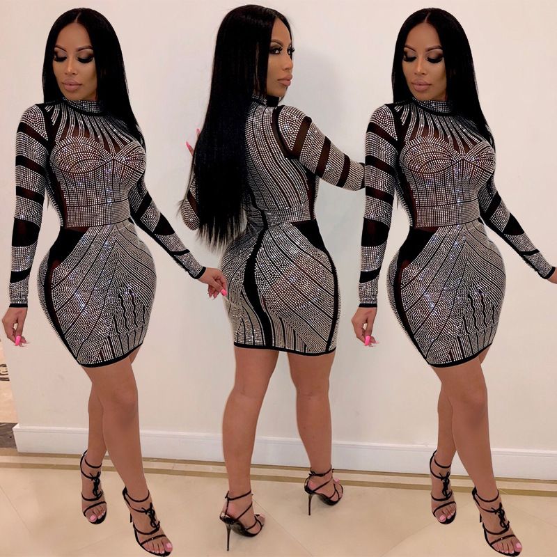 Women Rhinestone Night Club Dress Sexy Club Wear Bling Bling Sheer Mesh ...