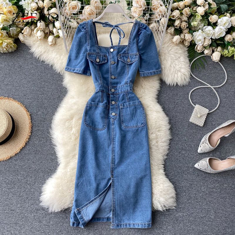 square neck denim dress
