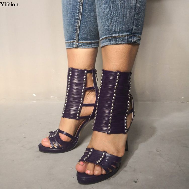 Rontic New Women Gladiator Sandals Sexy Rivets Stiletto High Heels