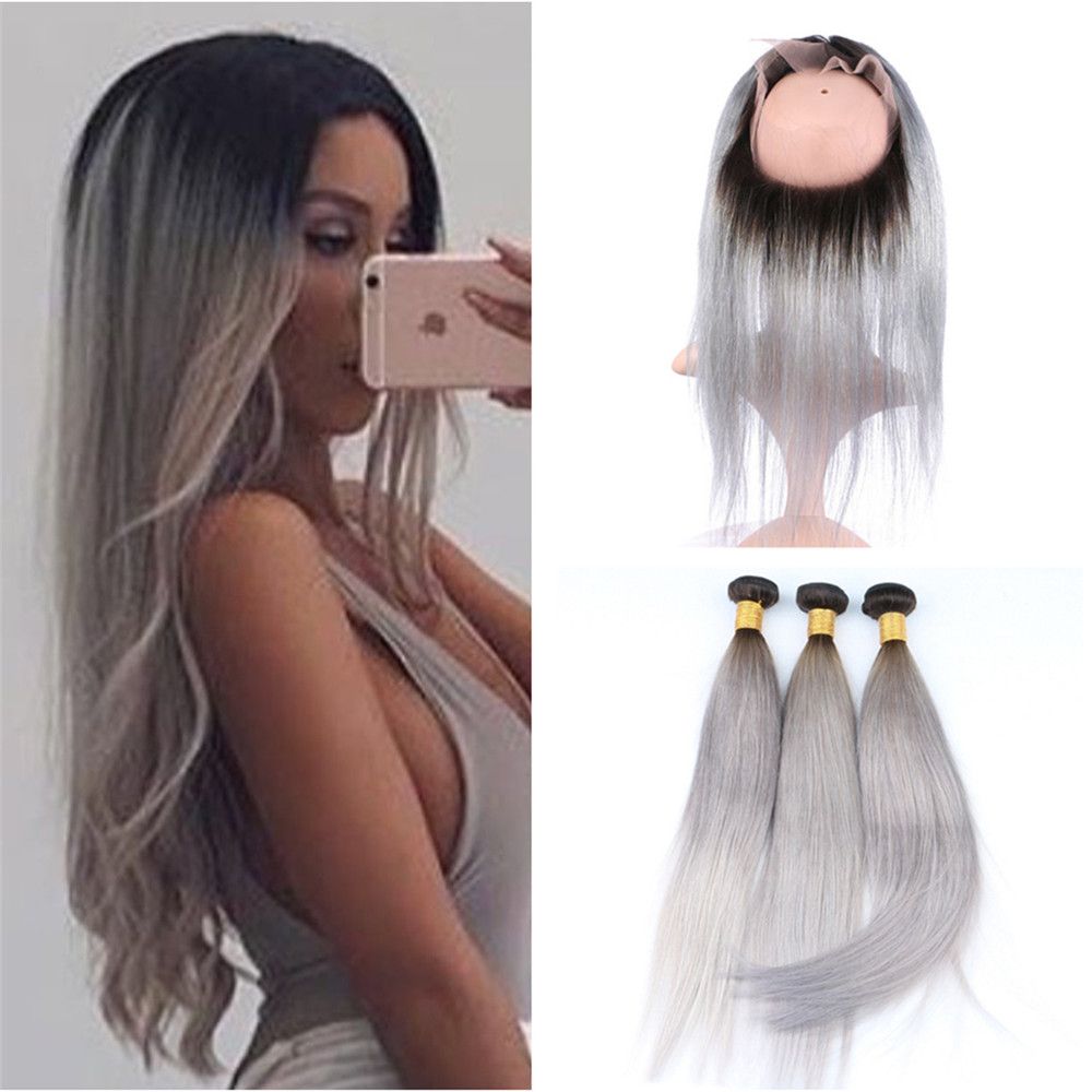 Silver Grey Dark Root Ombre Hair With 360 Lace Frontal Closure Two Tone #1B/ Grey Ombre Silky Straight Virgin Human Hair Bundles