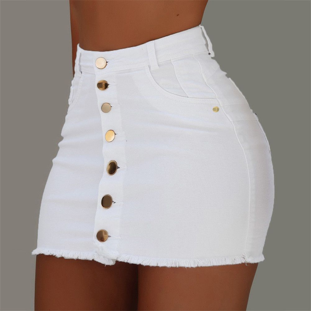 Mujeres Hot Strench Cintura Alta Faldas Sólidas Moda Moda Nuevo Botón De Verano Denim Mini Pantalones Vaqueros Falda De 25,97 € | DHgate