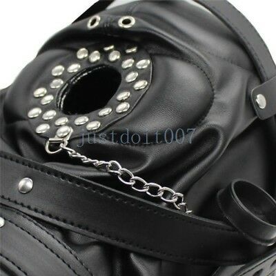 Funnel Fluid Feeder Muzzle Plug Headgear PU Leather Locking Full Head Hood Mask 
