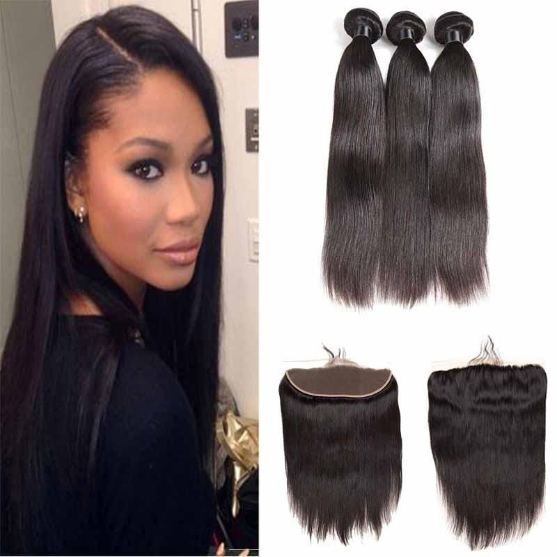 2019 Brazilian Hair Weave Straight 3 Bundles With Lace Frontal