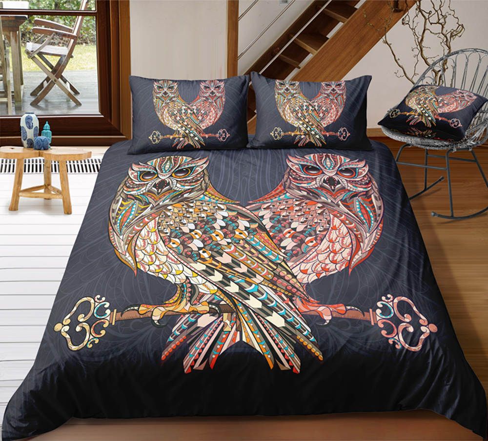 Black Mysterious Owl Bedding Set King Size Tribal Style 3d Printed