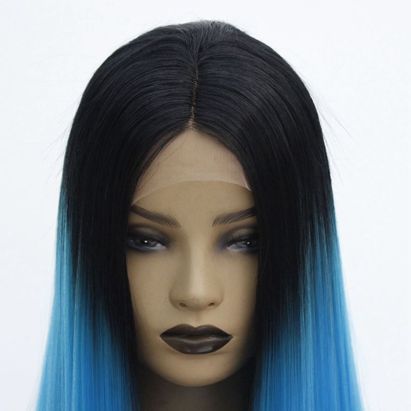 Long Straight Black Roots Ombre Blue Synthetic Wigs Natural Soft Heat Resistant Lace Front Wigs For Black Women French Lace Wig Janet Collection Hair