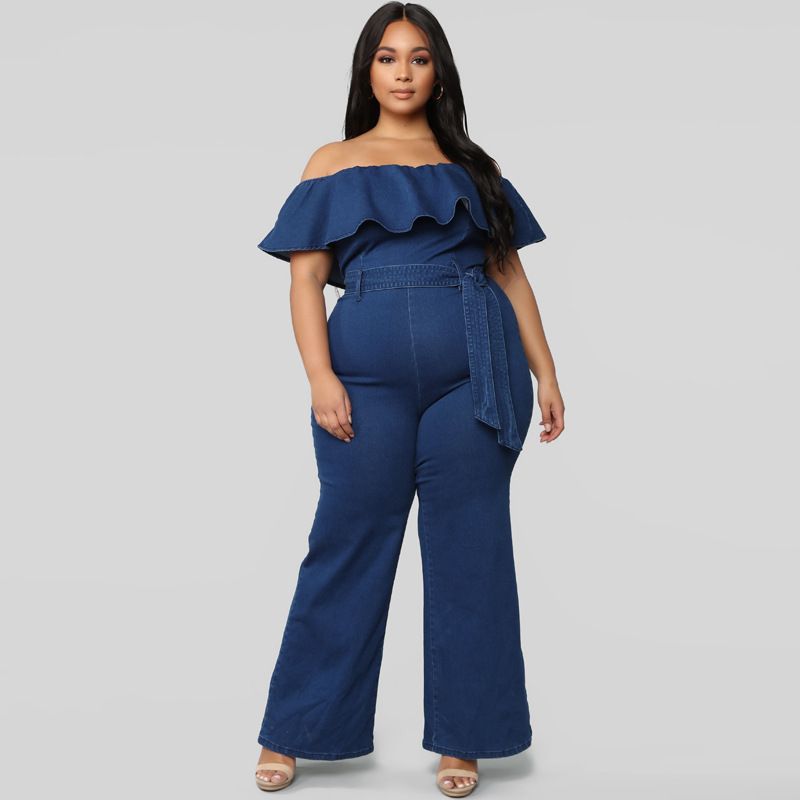 jean off the shoulder jumpsuit