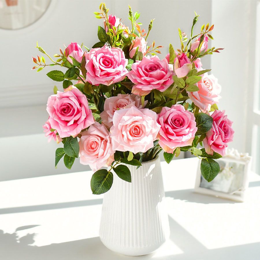 65cm Longo ramo 3 cabeças rosas grandes flores artificiais branca seda  cor-de-rosa grande flor