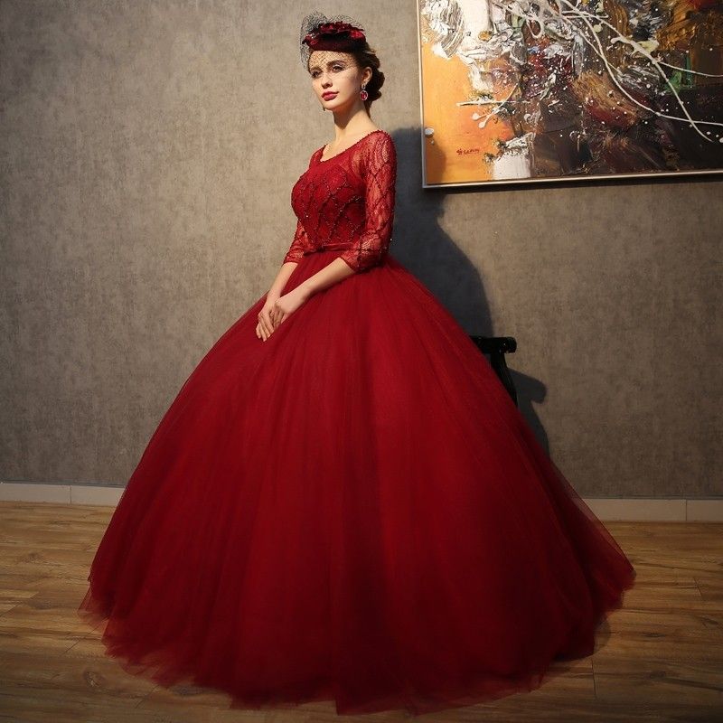 Acheter Robes De Mariée Rouge à Manches Longues En Dentelle De Tulle Robe De Bal Mariage Chine Robes De Mariée Mariage Robe De Mariée En Vente De