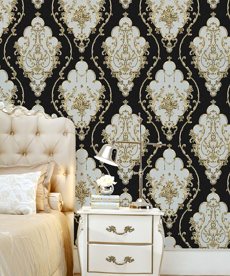 Modern Luxury Heavy Texture Victorian Damask Wallpaper  Black/Gold/Brown/Silver 3d Living room bedroom home art decor