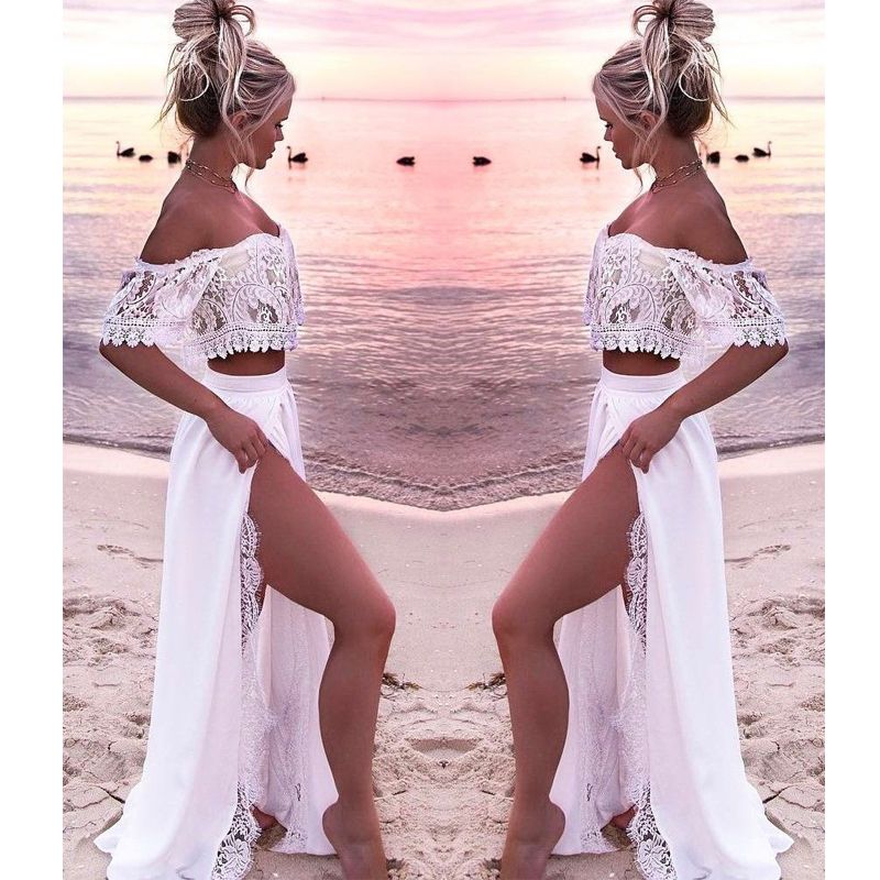 Vestido blanco de dos piezas de vestido largo barato Prom 2019 vestido de noche Off-hombro Vestido blanco de dos piezas de vestido largo barato Prom 2019 vestido de noche Off-hombro