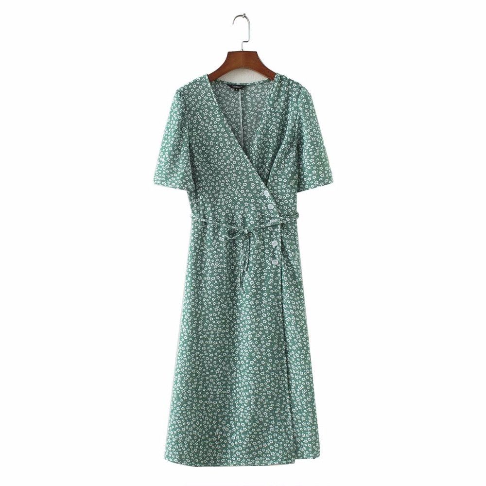 Acheter Robe Portefeuille Imprimée Fleurs Vintage Col En V Noeud Papillon Ceintures Manches Courtes Femme Streetwear Chic Mi Mollet Robes De 2512 Du
