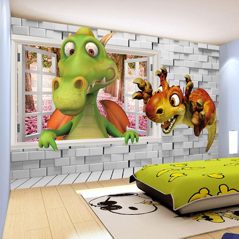 Dropship Custom Photo Wallpaper 3D Cartoon Cute Dinosaur Brick Wall  Children Room Bedroom Background Wall Decor