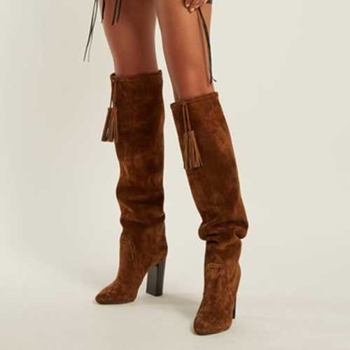 Acheter Eunice Choo Marron Noir Suede Slip Sur Croix Glands Tied Femmes Bottes Talon Haut Chunky Talons Bottes Automne Lâche Solide Chaussures Dames