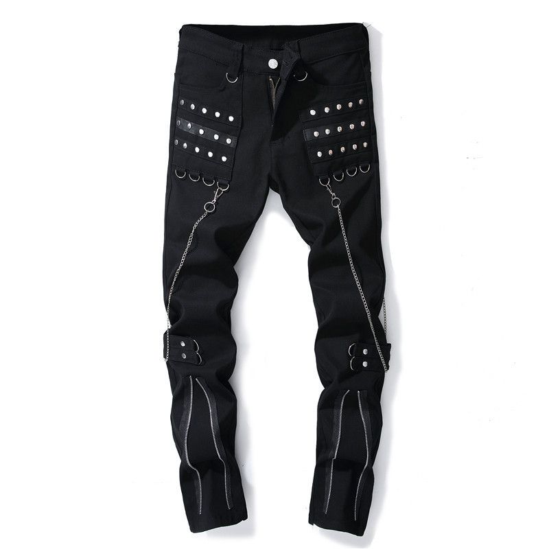 Compra Moda Para Hombre Hip Hop Jeans Pantalones Con Cadenas Estilo Punk  Pantalones De Mezclilla Con Revits Streetwear Negro Jean Joggers Barato |  Entrega Rápida Y Calidad | Es.Dhgate