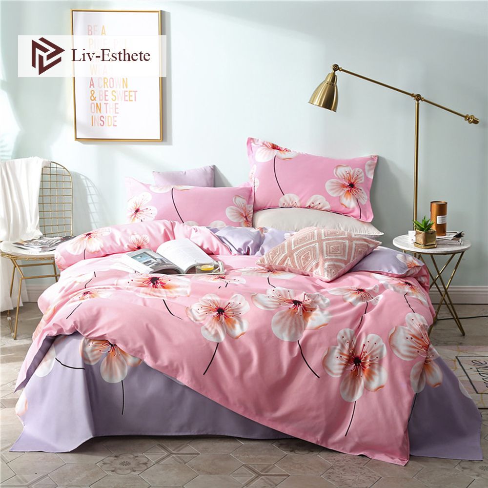 Liv Esthete Fashion Colored Flower Pink Bedding Set Double Queen