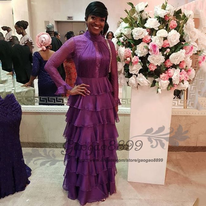 Elegant Purple Lace Long Sleeve Mother Of The Bride Dress High Collar Tiered Cake Skirt Floor Length Formal Evening Prom Gowns Plus Size Wedding Dress For Mother Of The Bride Beach Mother