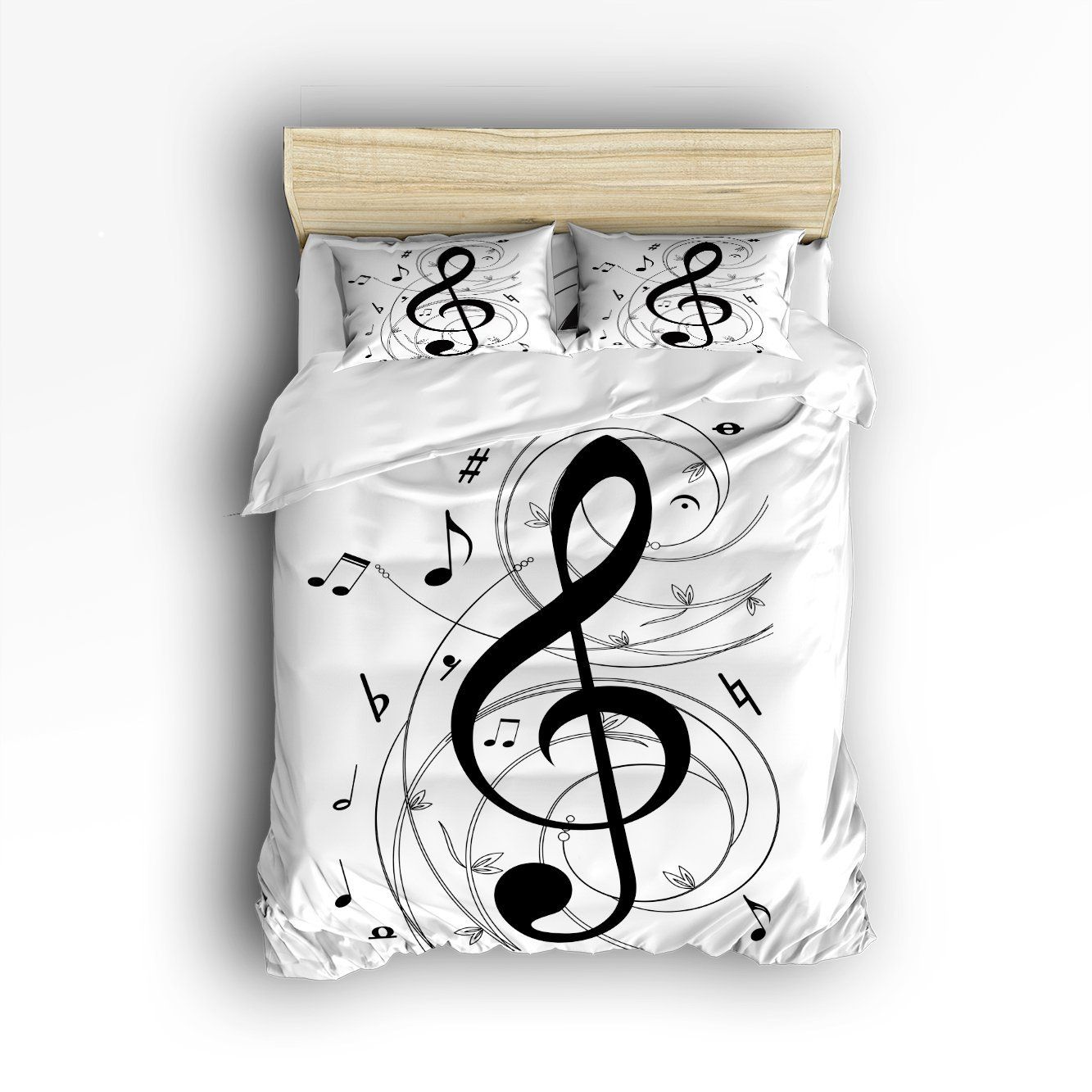 Queen Size Bedding Set Black White Music Notes Duvet Cover Set