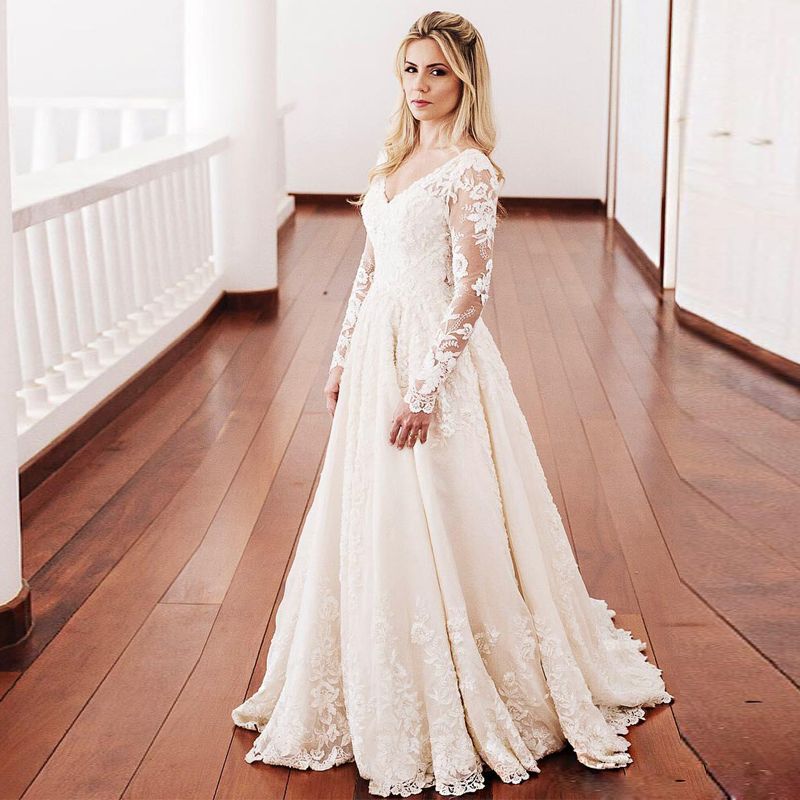Vintage A Line Vestidos de novia bohemios con apliques de encaje de manga larga Falda plisada Vintage A Line Vestidos de novia bohemios con apliques de encaje de manga larga Falda plisada