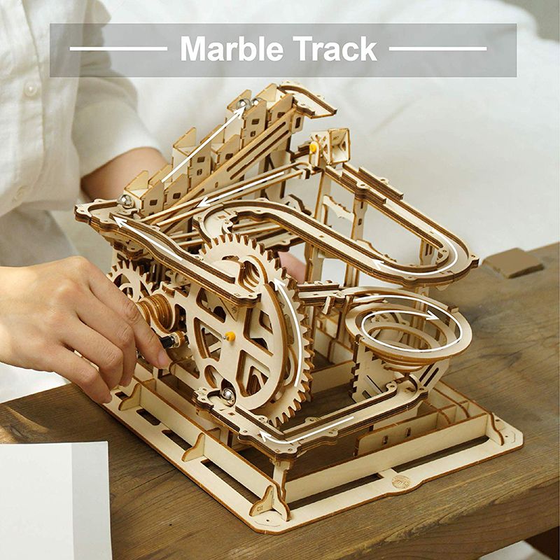 Robotime DIY Wooden Mechanical Model Kits Marble Run Game Waterwheel Coaster