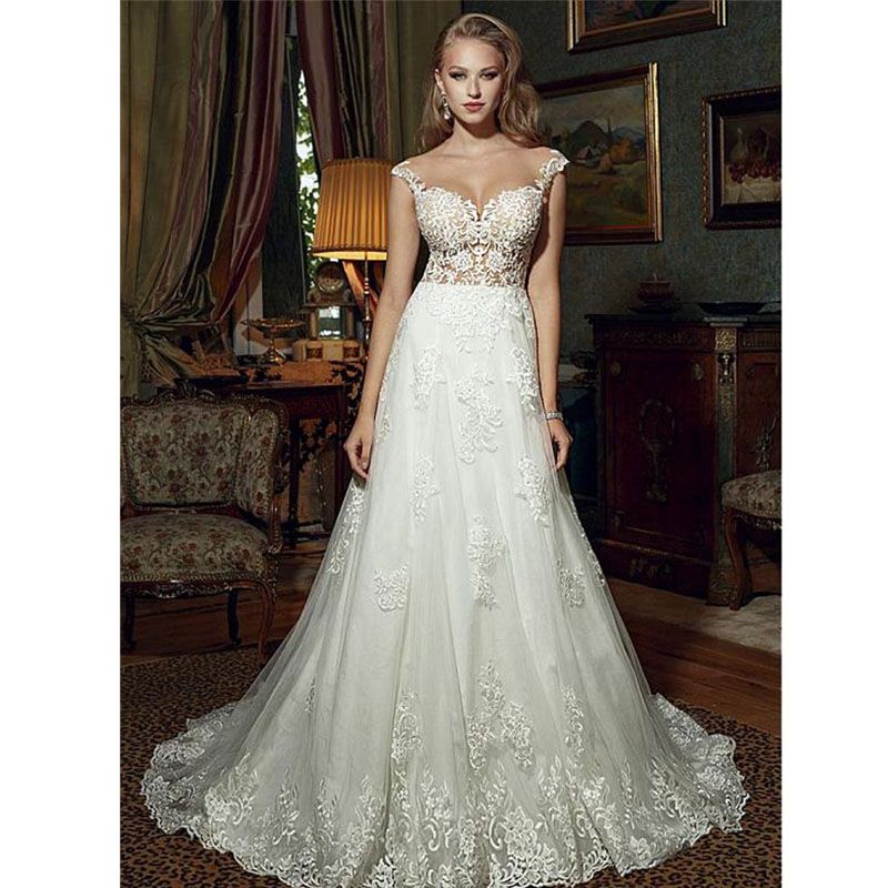 Discount Modern A Line Top  Illusion  Wedding Dresses  Cap 