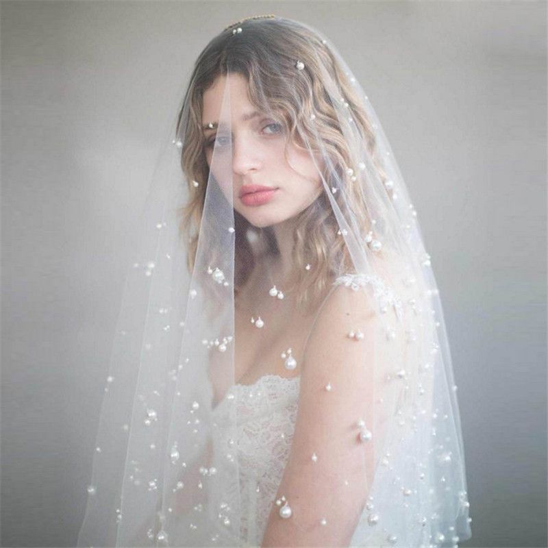 Bridal Wedding Veils With Pearls Cheap Lace White Tulle Wedding