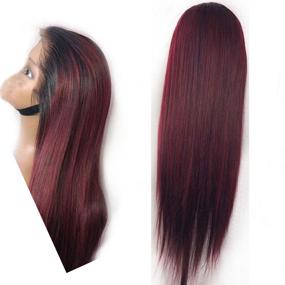 preplucked Highlights Lace Front Human Hair Wig Long Straight Remy  Brazilian ombre 1B Red Burgundy Hair Wig 360 lace frontal wig Full Lace