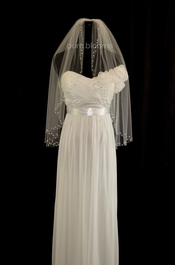 White ivory 1-Layer Elbow Length Rhinestone Edge Wedding Bridal Veil With Comb