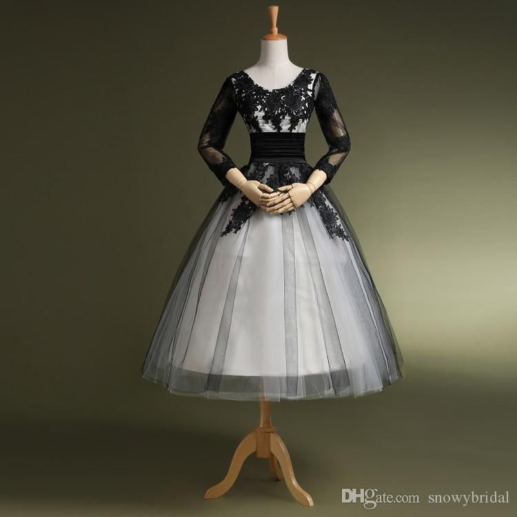 Vestido de novia corto, blanco y negro, de longitud de té vintage, con  mangas 3/4