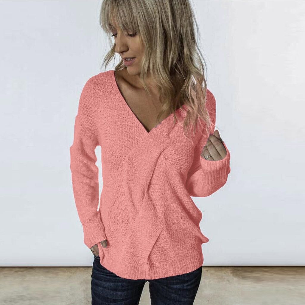 2020 Sexy V Neck Sweater Women Loose Knitted Jumpers Ladies Casual