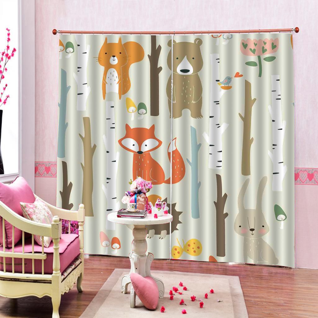 2 Panels Decorative Anti-UV 3D Animal Blackout Window Curtains for Kids Room 