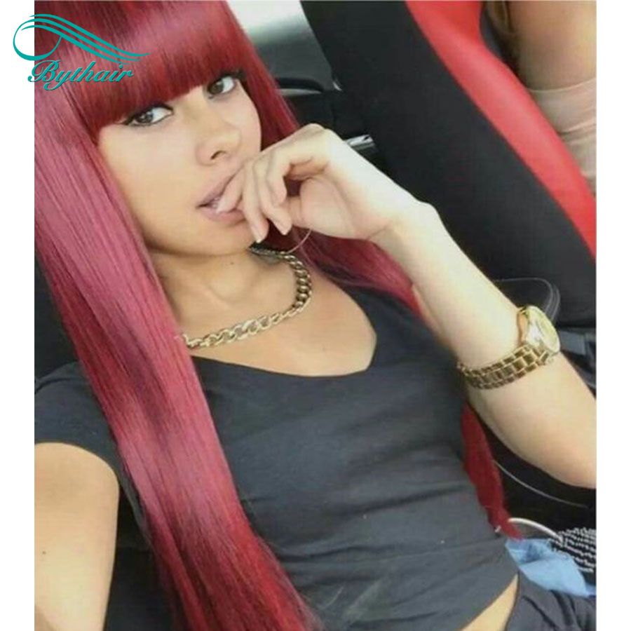 Wine Red 99J Silky Straight Lace Front Human Hair Wigs with Bangs Burgundy  Virgin Brazilian Full Lace Wigs Bangs Pre Plucked Black Women