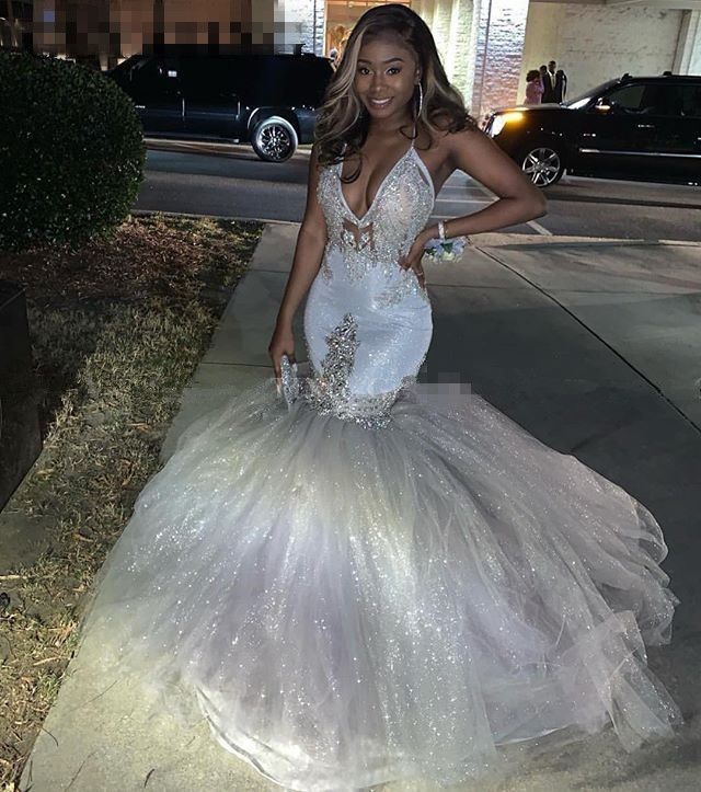 Sexy V Neck Mermaid Glitter Silver Prom 