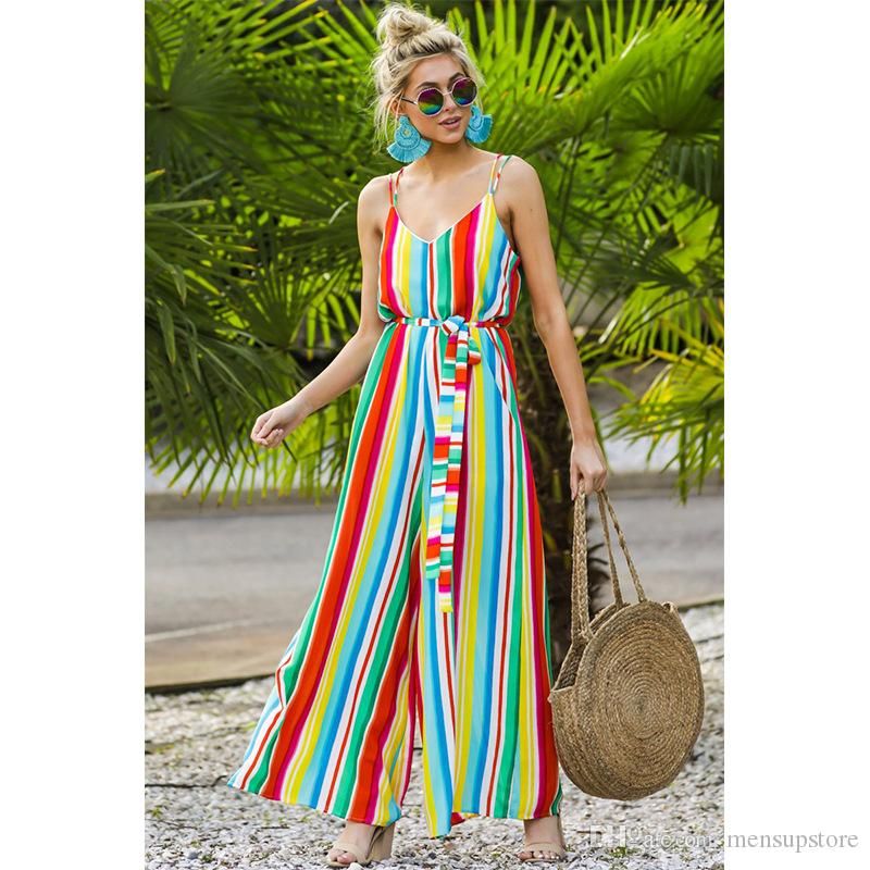 2020 Women Summer Jumpsuits One Piece Colorful Rainbow Striped Straight ...