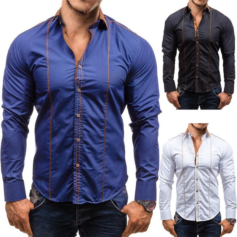 Discount Mens Business Casual Dress Shirts Contrast Color Splicing Long