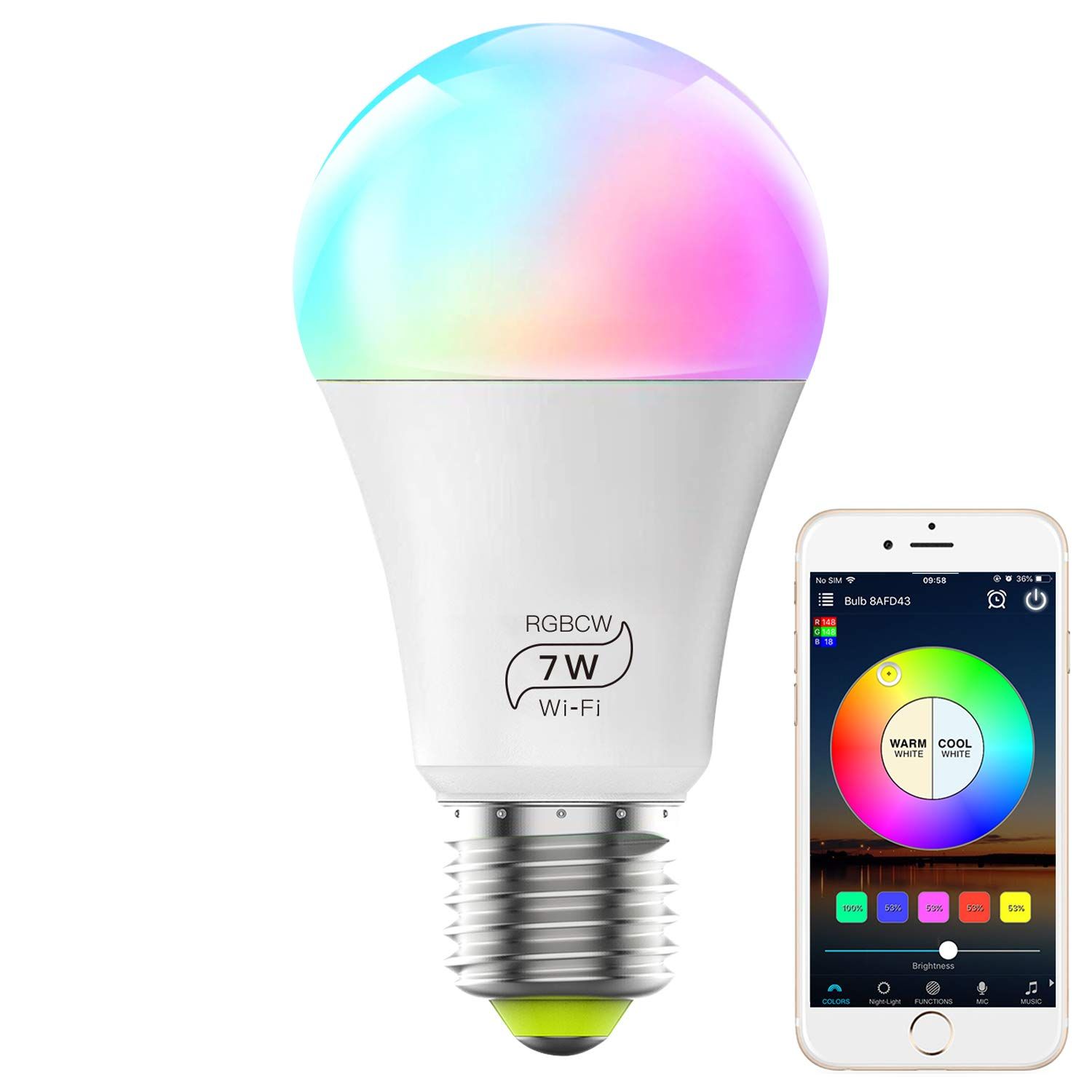 Smart Light Bulb, E26 A19 7W 60w Equivalent Multicolor Dimmable WiFi