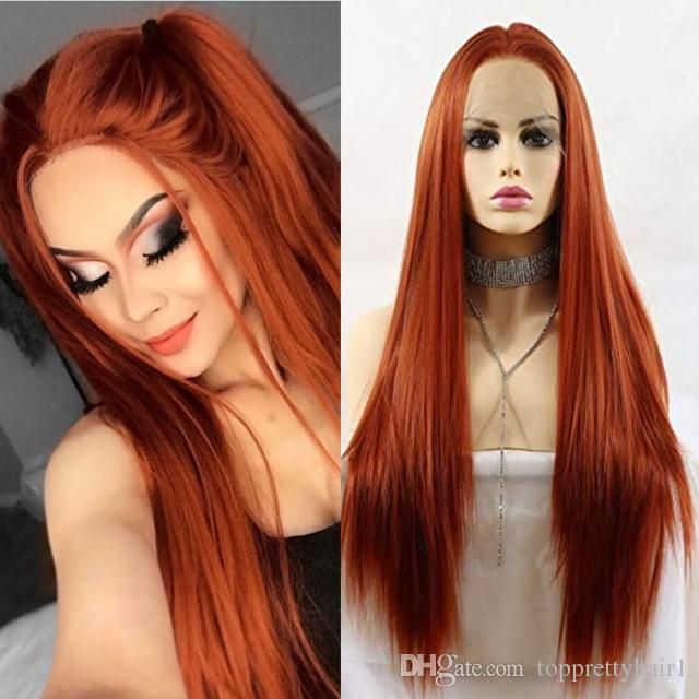 Synthetic Front Lace Wig For Woman Copper Red Colored Long