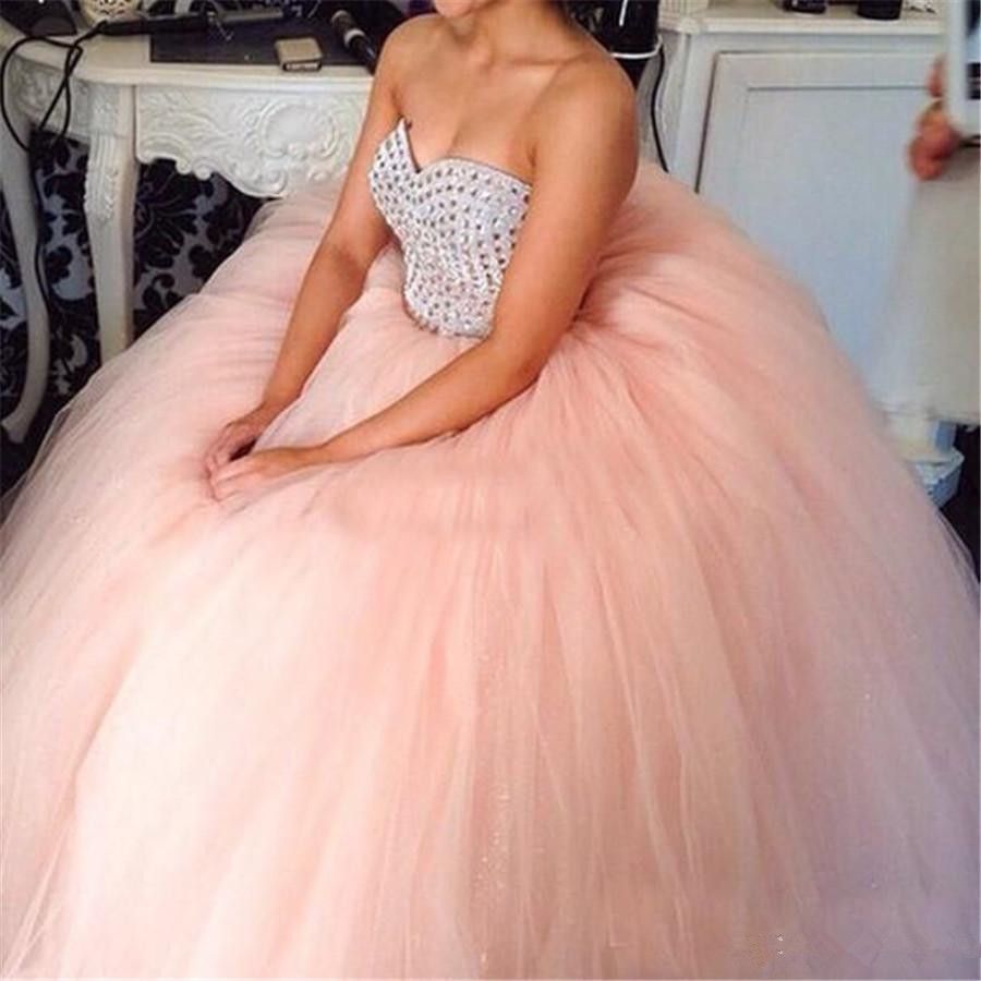 Blush Pink Ball Gown Quinceanera Dresses Tulle Sweetheart Beads Sweep