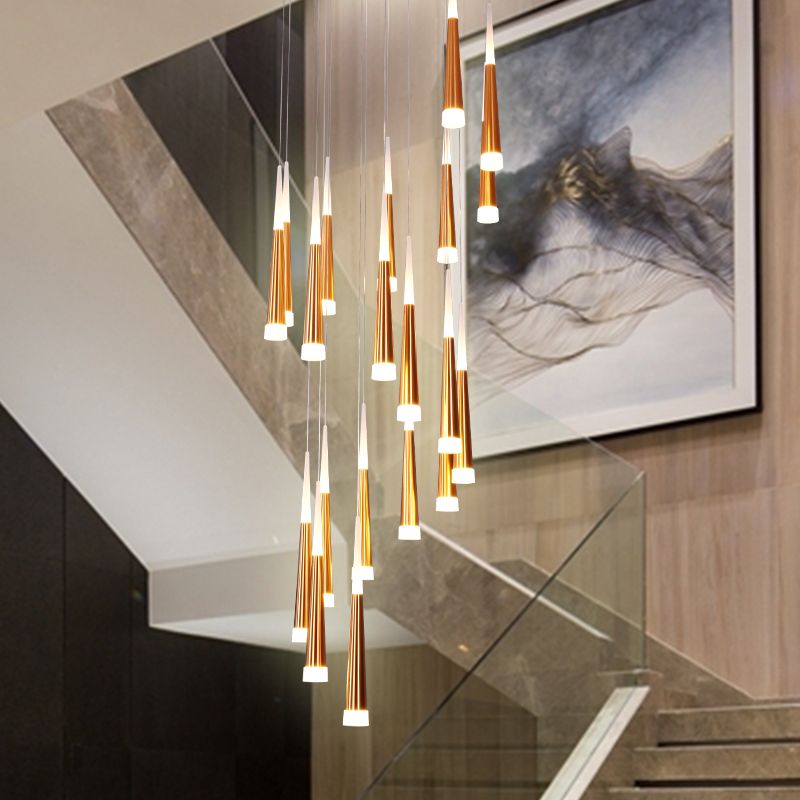 Modern Led Hanging Lamp Aluminum Conical Long Staircase Chandelier