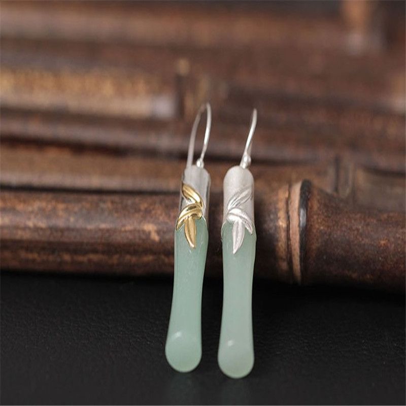 2021 100 925 Sterling Silver Bamboo Jade Dangle Earrings For Women