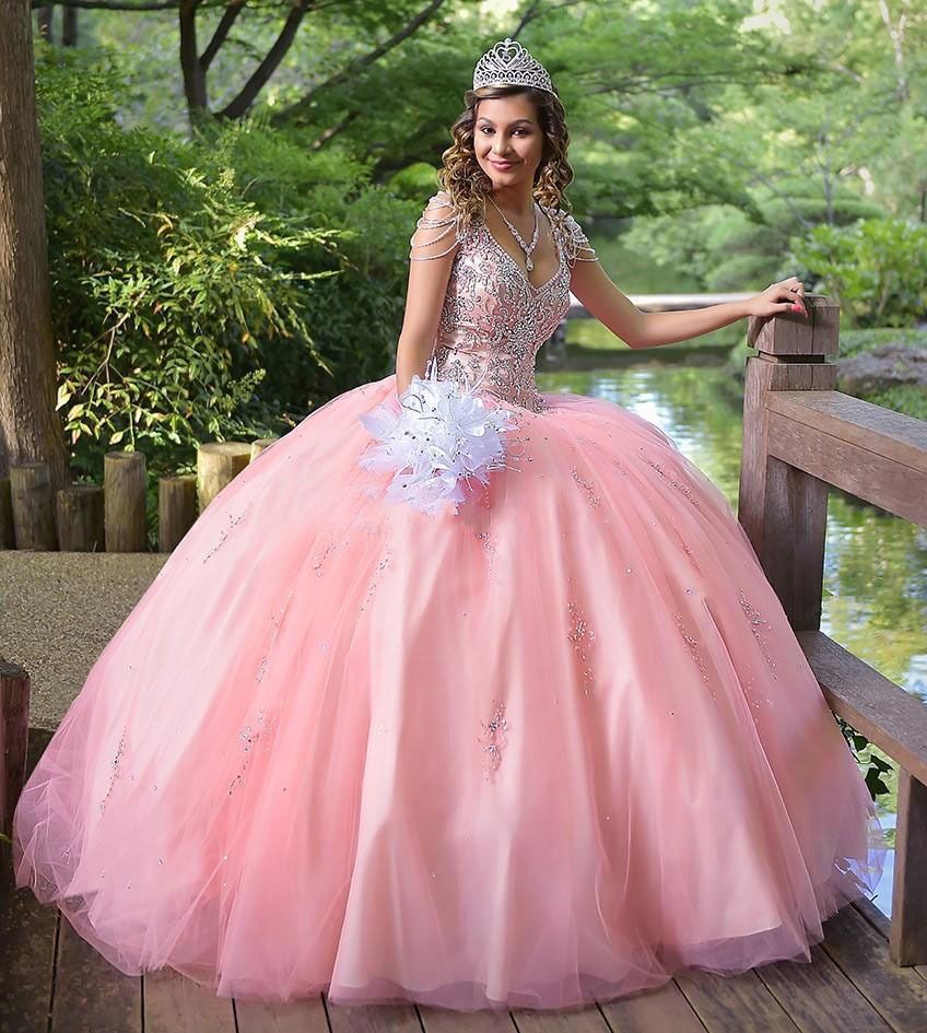 2022 Light Pink Crystal Ball Gowns Quinceanera Prom Dresses Cold Shoulder  with Beads Sleeves Tulle Ruched