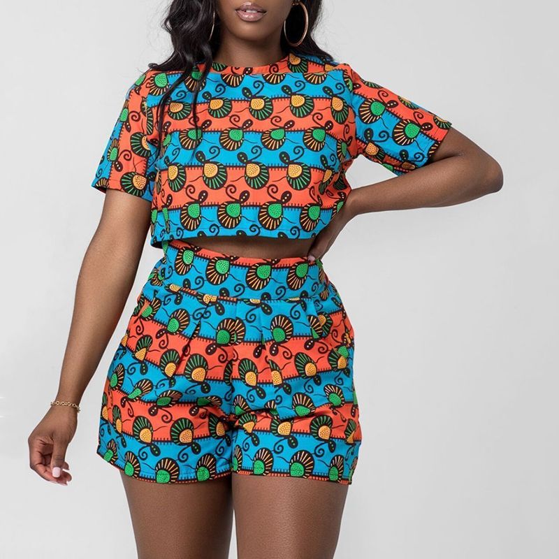 Women African Clothes Set Tops+Shorts 